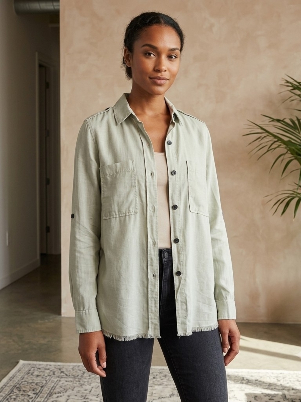 Zara Light Grey Button-Front Utility Shirt Size Small